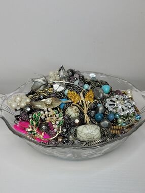 Vintage Cornflower Dish Filled With Jewelry